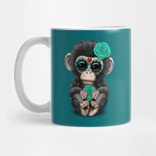 Teal Blue Day of the Dead Sugar Skull Baby Chimp Mug